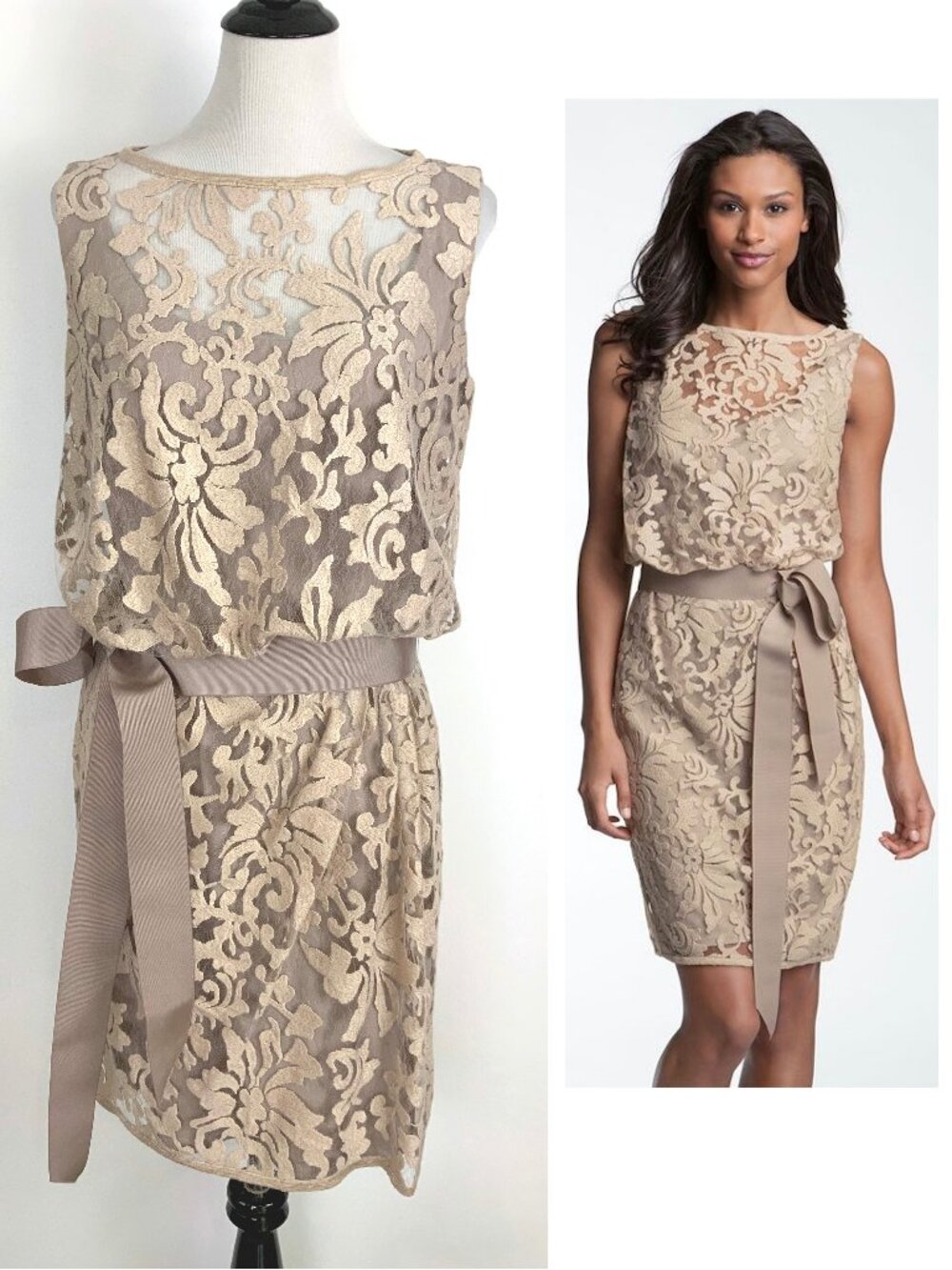 Tadashi Shoji Lace Blouson Dress in Tan/Light Brown Bow Sz 12